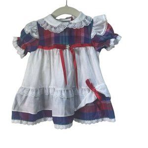 Vintage Kalula Kids Circle Ruffle Dress 12 mo Plaid Ribbon Lace Round Collar a16